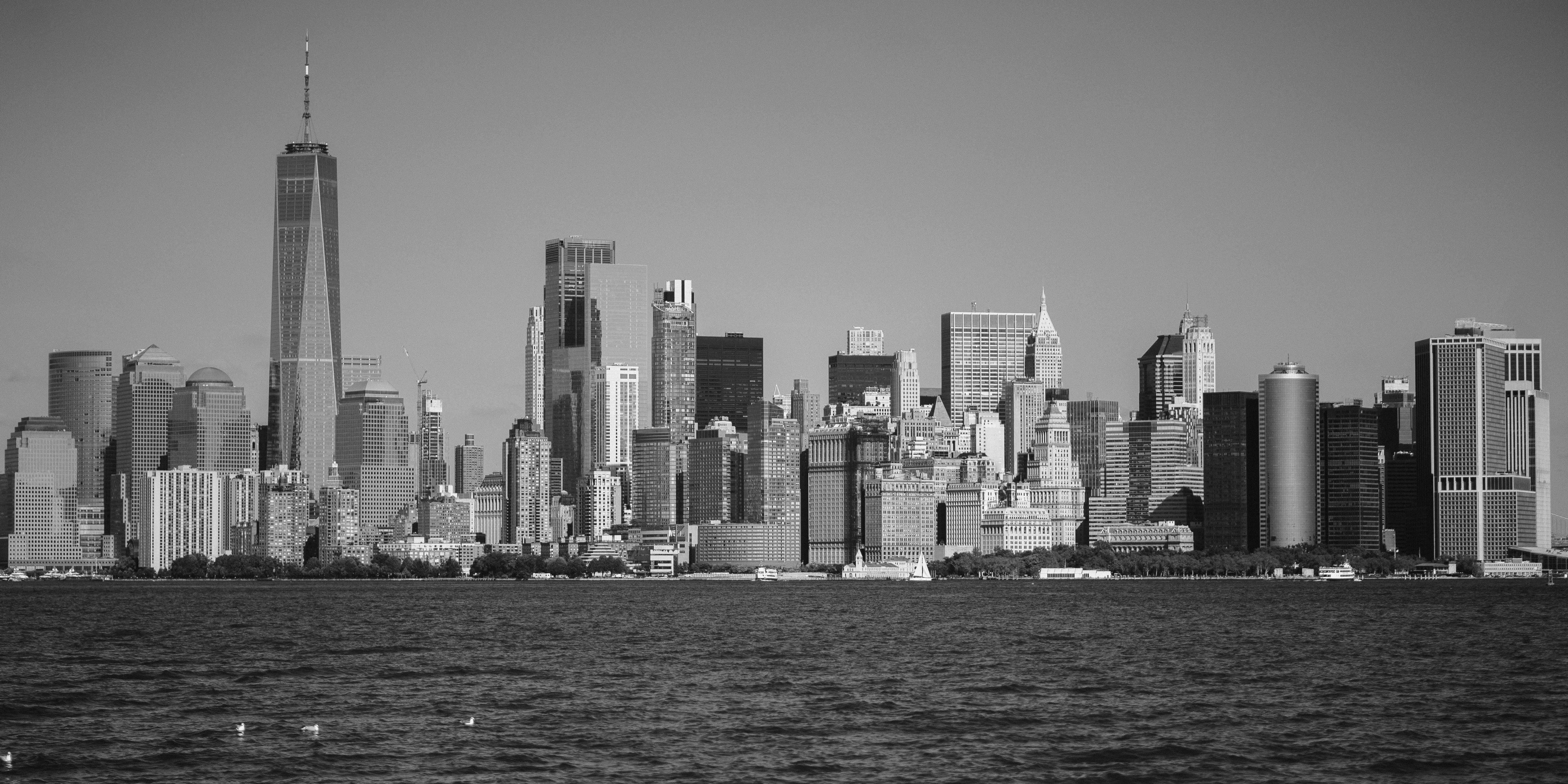 Black and white city skyline at dawn.